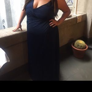 Navy Blue Faux Satin Wrap Maxi Dress